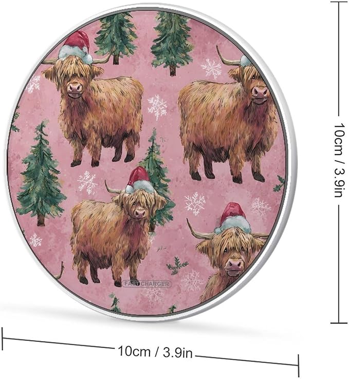 Highland Cows Santa Hats Christmas Fast Portable Charger 10W Funny Graphic Phone Charging Pad with USB Cable
