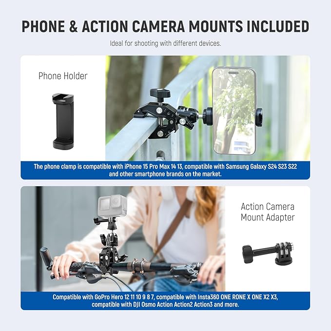 Neewer Super Clamp with Ballhead Cold Shoe Phone Holder and Action Camera Mount Adapter for Flat/Round Surface Compatible with GoPro DJI iPhone 15 Pro Max ST87