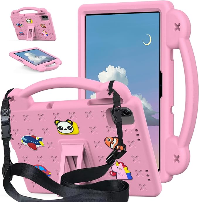 Compatible with Honor Pad X8a 2024/Infinix Xpad 11 inch 2024 Tablet Case Kids Friendly Universal Lightweight Shockproof Protective Case with Shoulder Strap &amp Stand Handle Pink