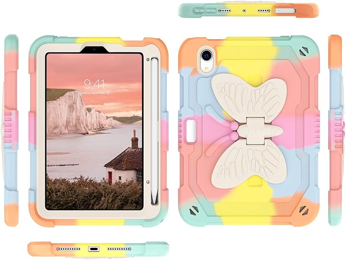 DUEDUE Case for iPad mini 7 (A17 Pro) 2024iPad mini 6 Case 2021 Butterfly Wings Kickstand with Pencil Holder Shockproof Protective Tablet Case for iPad mini 7th/6th Gen Kids Rainbow Pink