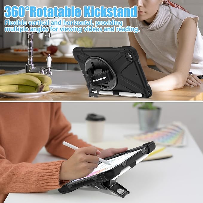BRAECNstock for Apple iPad mini 5/4 Case 2019/2015 7.9 Shockproof Protective Cover with Pencil Holder Rotating Hand Strap &amp Stand Shoulder Strap Case for iPad mini 5th/4th Generation Black