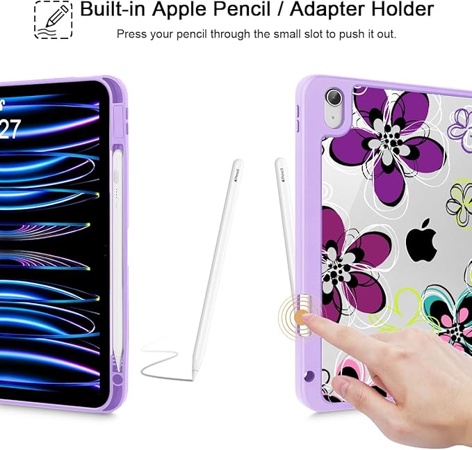 Case for iPad 11 inch A16 2025 Generation 11th / iPad 10.9 inch 2022 10th Gen Buit in Pencil Holder with Shockproof Cover Clear Transparent Back Shell Auto Wake/Sleep Abstract Floral SD163