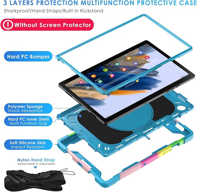 DETUOSI Case for Samsung Galaxy Tab A8 10.5 inch 2022 Galaxy Tab A8 Shockproof Case with 360°Rotatable Stand &amp Shoulder Strap Heavy Duty Case for SM-X200/X205/X207 Camouflage Blue