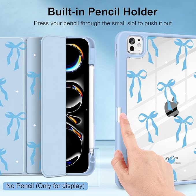 MecBevia Case for iPad Pro 11 inch M5 2025 / M4 2024 (6th/5th Gen) A3357 A3358 A3359 A2836 A2837 A3006 – Built-in Pencil Holder &amp Auto Wake/Sleep Blue Bow