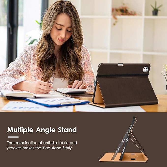 VIKESI Case for iPad Pro 13-inch M5 or M4 Released in 2025 or 2024 Leather Stand Cover with Apple Pencil Holder Auto Wake/Sleep Multiple Viewing Angles Built in Hand Strap &amp PocketDark Brown