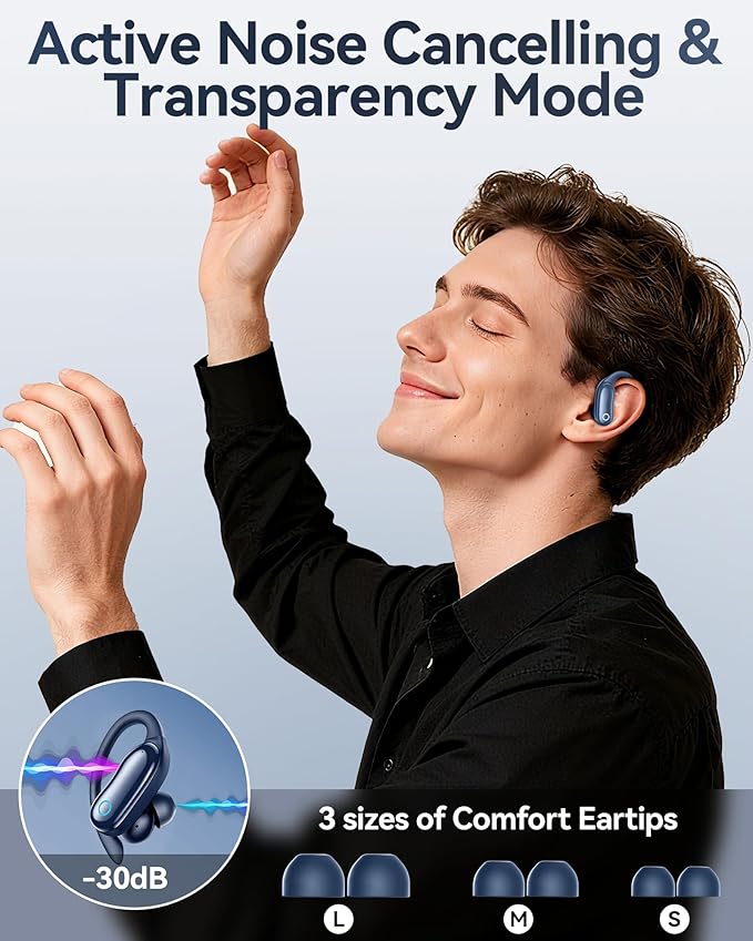 GNMN Active Noise Cancelling Ear Buds Wireless Earbuds 96hrs Playback Bluetooth Headphones Dual Battery Display Stereo Bass Earphones with Earhooks Microphone IPX7 Waterproof for Sports/Workout