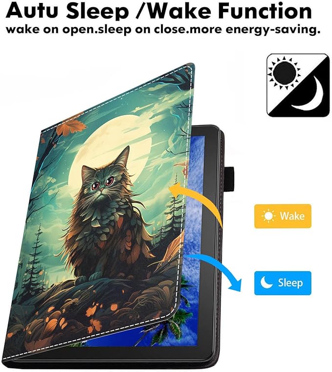 Case for Amazon Kindle Fire 7 Tablet (7 9th/7th Generation 2019/2017 Release) Slim PU Leather Cover with Card Slot &amp Auto Wake/Sleep Cat Under The Moon