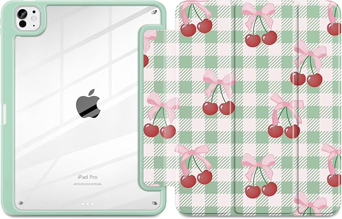 DONGKE for iPad Pro 11-Inch Case (M5 2025 / M4 2024) 6th/5th Generation [Auto Sleep/Wake &amp Pencil Pro Holder] Clear Acrylic Back Smart Trifold Stand Cover Green Cherry