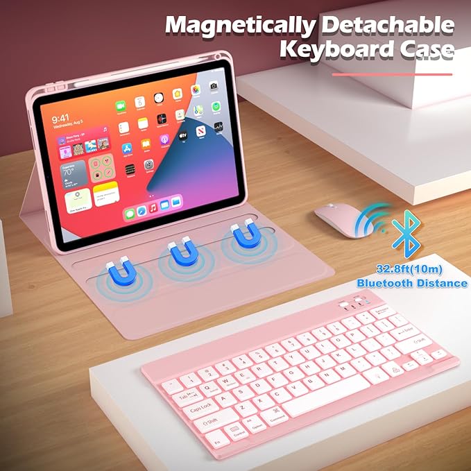 Keyboard Case for iPad mini A17 Pro 7th Generation 2024 / mini 6th Generation 2021 Mouse and Detachable Keyboard Adjustable Stand Built in Pencil Holder Auto-Sleep/Wake Feature Pink