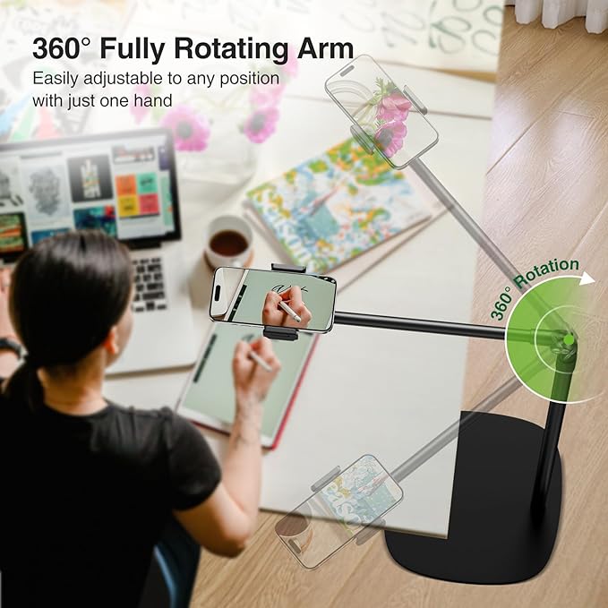 elitehood Floor Phone Stand Overhead Video Recording 360 Degrees Swivel Tilt Adjustable iPhone Stand for Bed Chair Desk Floor Phone Holder Compatible with iPhone 15 14 13 12 Android Phone