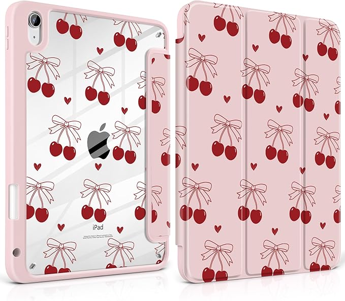 DONGKE Case for iPad (A16) 11th Generation 11 inch 2025 &amp iPad 10th Gen 10.9 inch 2022 [Built-in Pencil Holder] Clear Acrylic Back Trifold Stand Smart Cover Auto Sleep/Wake Cherry &amp Heart
