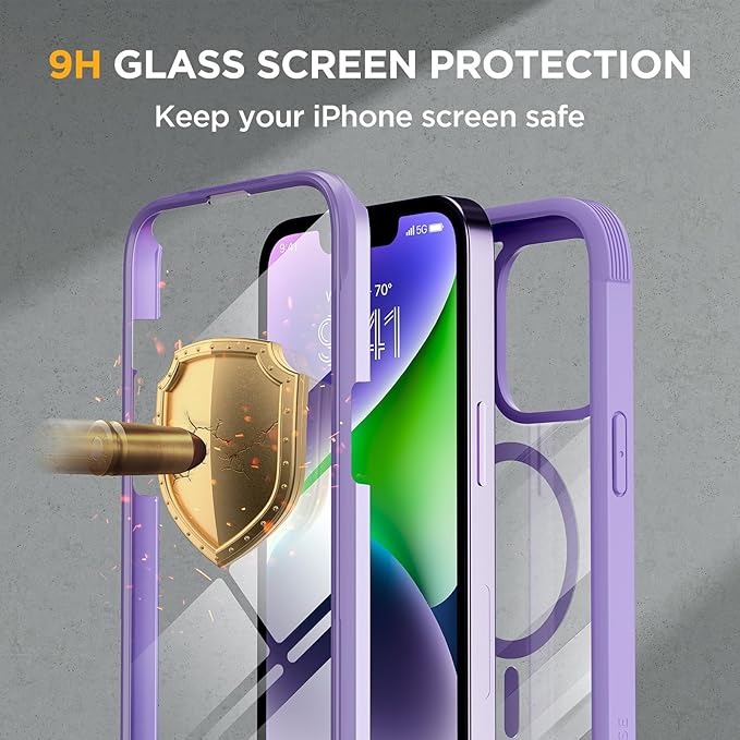 Miracase Magnetic for iPhone 14 Case 6.1 [Built-in Tempered Glass Screen Protector + Lens Protector] [Compatible with MagSafe] Full-Body Protective Bumper 14 Phone Cover Purple