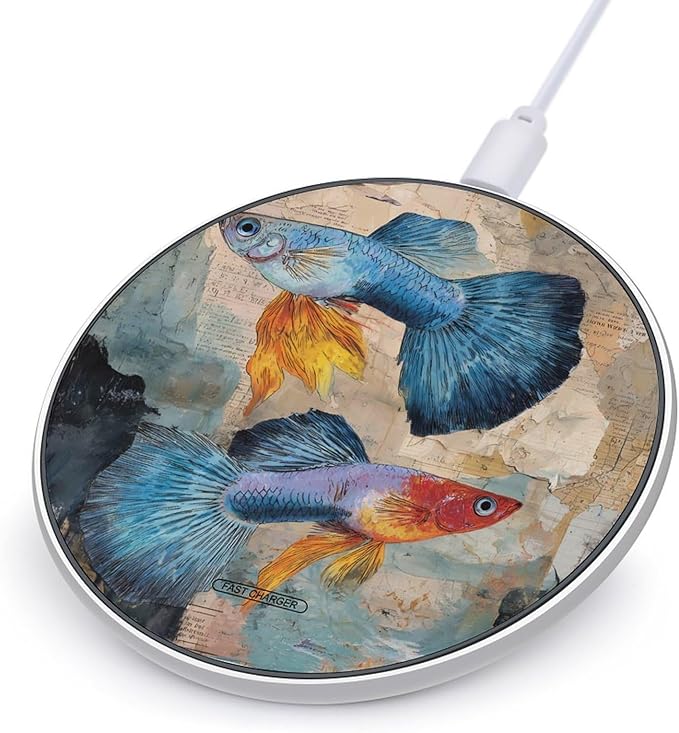 Guppy Fish Ocean Vintage Newspaper Phone Charger Magnetic Charging Pad Anti-Slip with USB Cable