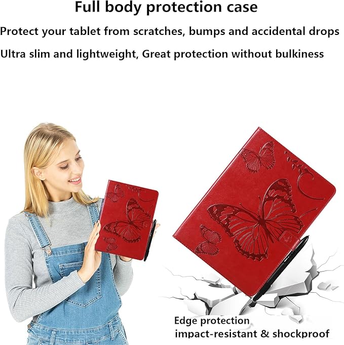 Kindle Fire HD 10 Tablet 2019/2017 Case 9th/7th Generation 10.1 with Pencil Holder Pockets [Auto Sleep/Wake] Folio Stand Embossed PU Leather Magnetic Smart Wallet TPU Cover Red Butterfly