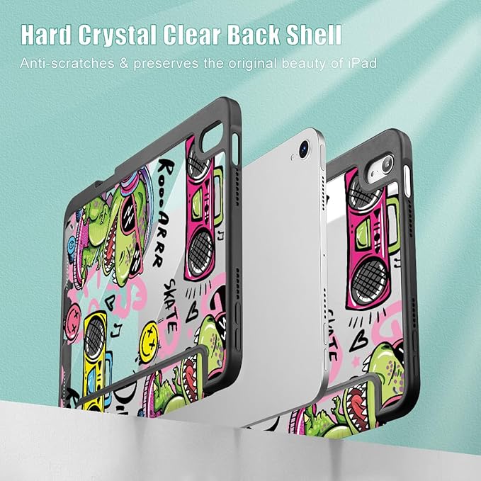 Mektron Printed Case for iPad mini 7 (A17 Pro) 2024/ Mini 6 2021 iPad mini 7th/6th Generation 8.3-inch Liquid Retina Display Cover Buit in Pencil Holder with Clear Back Shell Cool Dinosaur