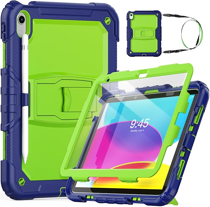 HXCASEAC Kids Case for iPad A16 11th/10th Generation Full Body Protective Design | Foldable Stand | Screen Protector | Pencil Holder Durable for iPad 11th Gen 11 inch / 10th Gen 10.9 inch Green
