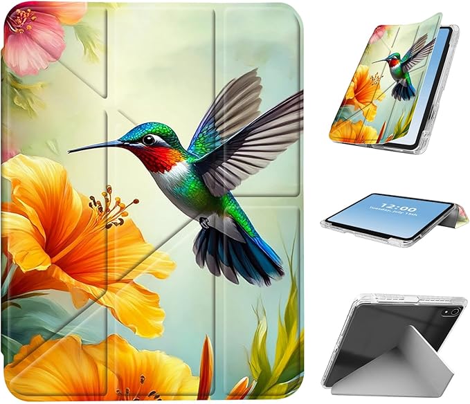 for iPad mini 7 A17 Pro 2024/iPad Mini 6 2021 Case with Pencil HolderFoldable Y-Shaped CoverStylish Clear Multi-Angle Viewing&ampAuto Sleep/Wake Hummingbird Flowers Tablet Case