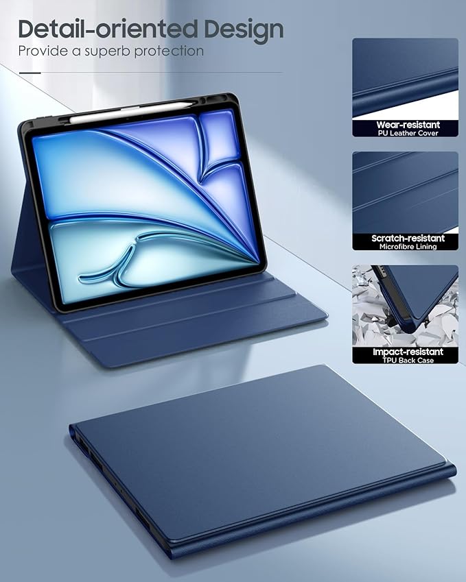MoKo for iPad Air 13 Inch Case with Keyboard (M4 2026/ M3 2025/M2 2024) iPad Pro 12.9 inch (5th/6th Gen) Case with 7 Colors Backlit Pencil Holder Multi-Angle Detachable Bluetooth KeyboardNavy Blue