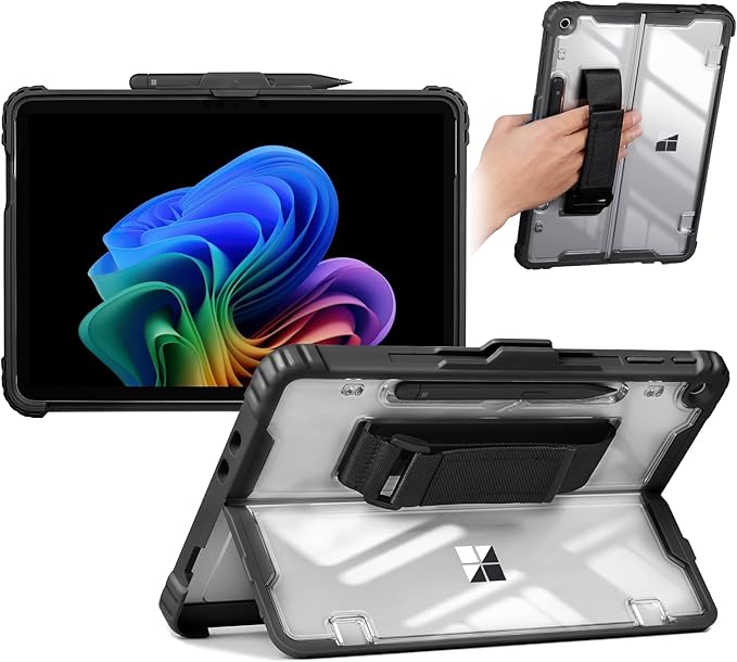 CoBak Rugged Case for Microsoft Surface Pro 12 2025 Shockproof Protective Cover with Hand Strap Multi-Angle Kickstand Built-in Stylus Holder Compatible with Type Cover Keyboard Black
