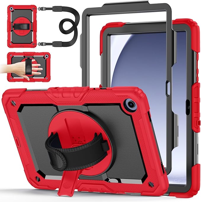 Case for Samsung Galaxy Tab A9+/A9 Plus 11 Inch 2023(SM-X210/X216/X218) Ubearkk Full-Body Drop Protection Case with Screen Protector 360° Rotating Stand and Hand/Shoulder Strap Red