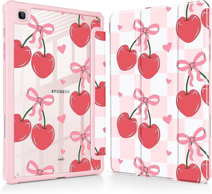 Mektron Case for Samsung Galaxy Tab S6 Lite 10.4 Inch 2024/2022/2020 with S Pen Holder Multi-Angle Viewing with Shockproof Cover Clear Shell + Trifold Stand + Auto Wake/Sleep Cherries Bows C353
