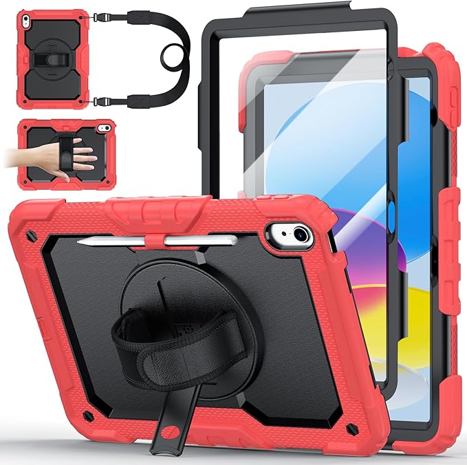 Case for iPad (A16) 11th Generation 11 Inch (2025) Ubearkk for iPad 10th Generation 10.9 inch 2022 case with Screen Protector 360 Degree Rotating Stand/Adjustable Shoulder Strap/Pencil Holder Red