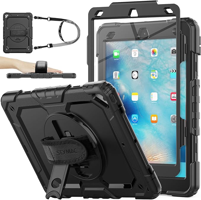 SEYMAC stock Case for iPad Air 3 2019 / Pro 10.5'' with Screen Protector Pen Holder [360° Rotate Hand Strap/Stand] Drop-Proof Case (Black)