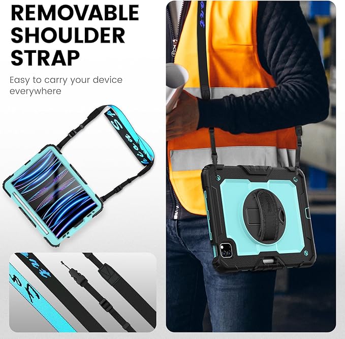 Timecity Case for iPad Pro 11 inch 2022/2021 (4th/ 3rd Generation) Shockproof with Screen Protector Swivel Stand Handle Shoulder Strap Pencil Holder Case for iPad Pro 11 Inch- Light Blue
