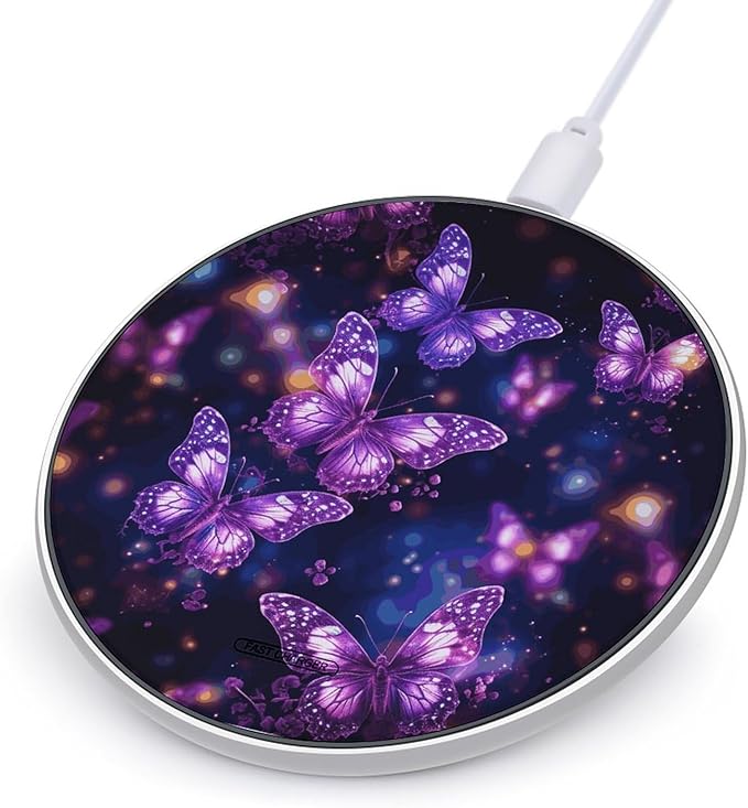 Purple Cute Butterfly Print Wireless Charger Fast Wireless Charging Pad with USB Cable 10W Anti-Slip Magnetic Wireless Charger Portable Slim Charger Puck Travel Charging Station