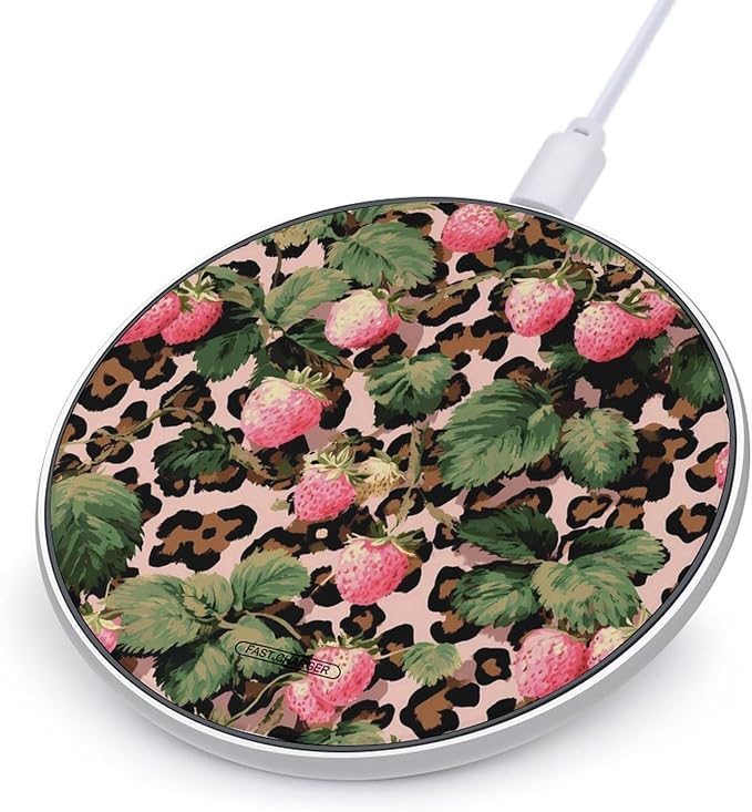 Leopard Print Strawberries Leaves Phone Charger Magnetic Charging Pad Anti-Slip with USB Cable