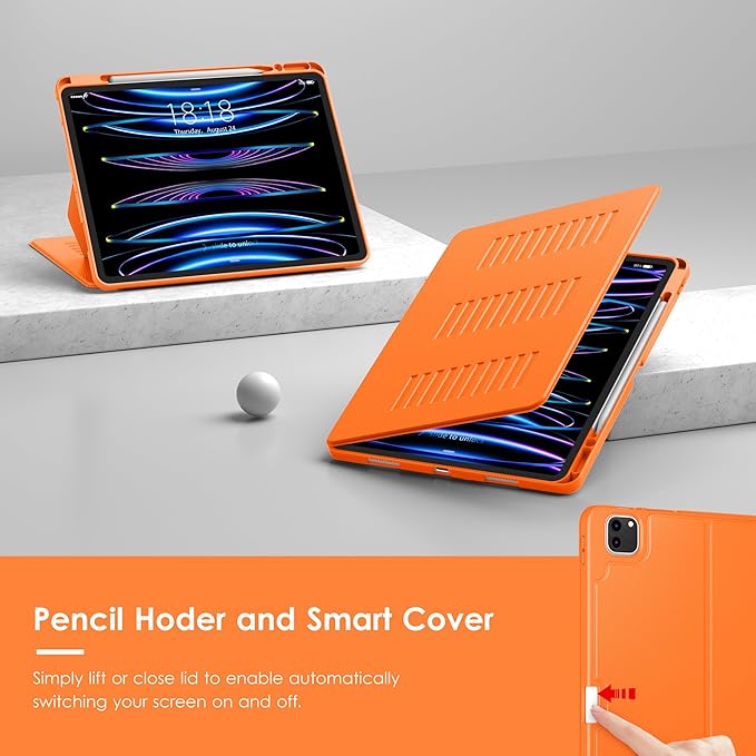 VIKESI Case for iPad Pro 12.9 6th / 5th / 4th / 3rd Generation Case 2022/2021/2020/2018Multiple Angles Magnetic Stand CoverShockproof Soft BackPencil Holderand Auto Sleep/WakeOrange