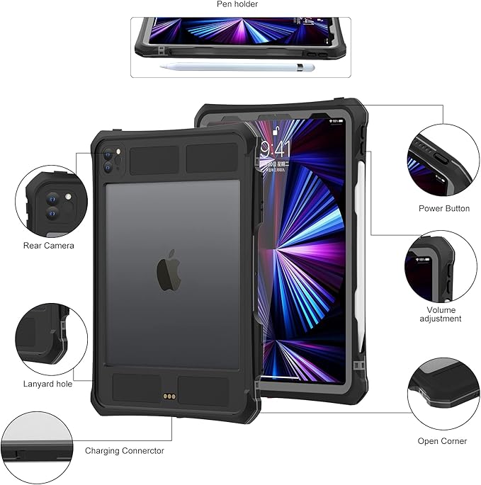 ShellBox Case New iPad Pro 11 inch 2022&amp2021&amp2020 Waterproof Case Full-Body Heavy Duty Shockproof Protective Cover with Kickstand Built-in Screen Protector Pencil Holder Shoulder Strap