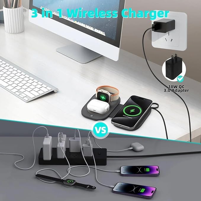 Wireless Charger for iPhone 16 15 14 13 Pro Max Plus - Foldable Charging Pad for Apple Watch Series/Airpods 3 2 Pro/Pro2(Black)