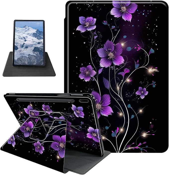 Purple Flower Pattern Case for Samsung Galaxy Tab S8 Plus 2022/S7 FE 2021/S7 Plus 2020 12.4 InchBFDHGQZC 360 Degree Rotating Stand Protective Cover with Auto Sleep/Wake