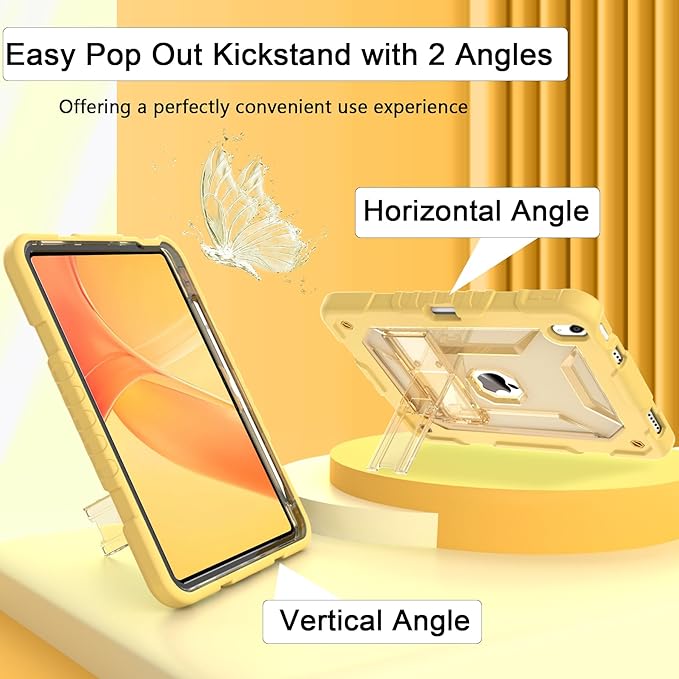 TIMISM Case for iPad (A16) 11th/10th Generation(2025/2022) with Shoulder Strap Kickstand and Pencil Holder Translucent Hard PC Back Cover Heavy Duty Shockproof Rugged Protective Case Yellow