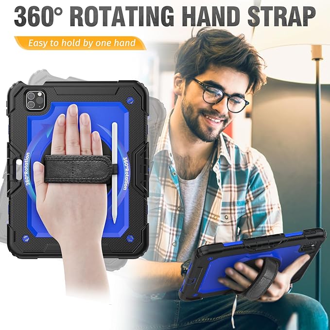 HXCASEAC Case for iPad Air 5th/4th Gen 10.9 inch Shockproof Design with Pencil Holder Screen Protector Hand Strap Protective Air 5/4 Case (A2316 A2324 A2588 A2589 A2591 A2072 A2325) - Blue