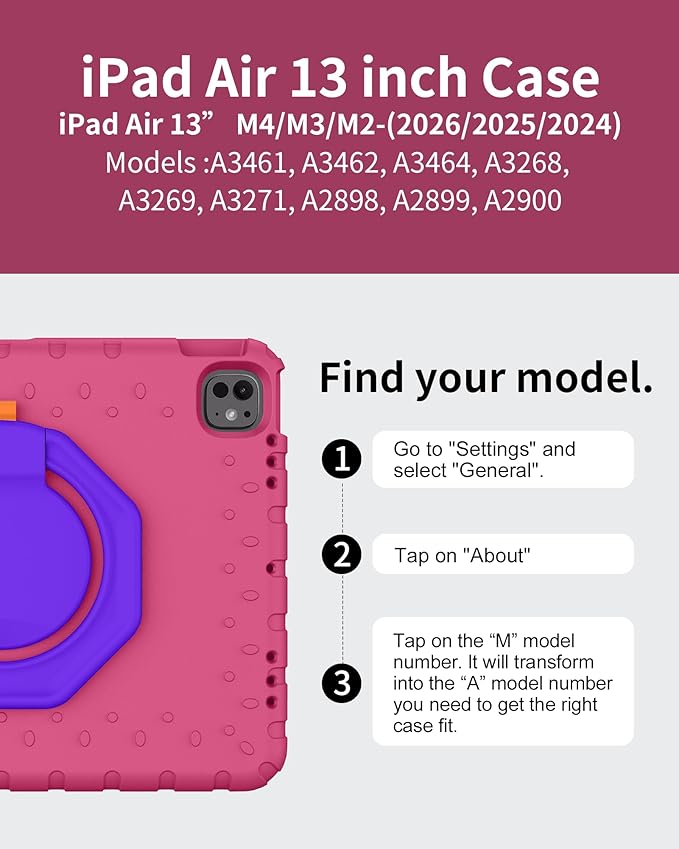 for iPad Air 13 Inch Case (M4 2026 / M3 2025 / M2 2024) Heavy Duty EVA Protective Cover with Magnetic Charging Pencil Holder 360° Rotating Stand for Kids Work &amp Travel Rose Red