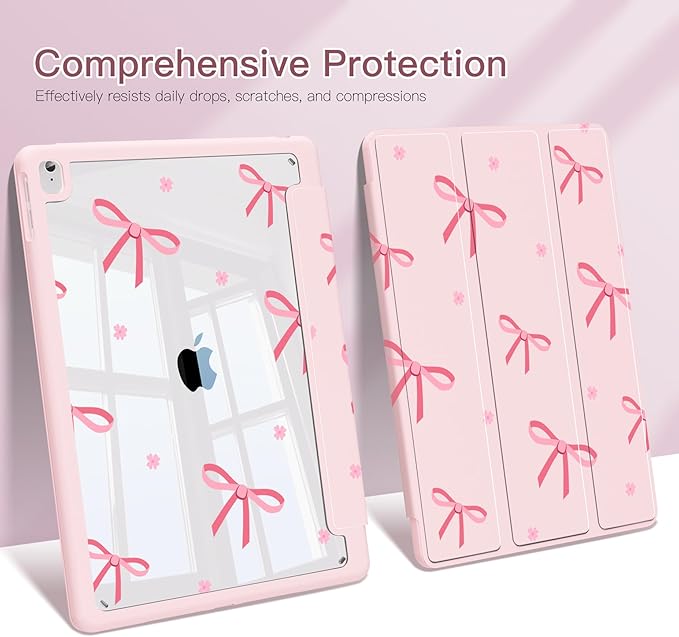 Teryeefi Case for iPad 9th Generation (2021) / 8th Generation (2020) / 7th Gen (2019) 10.2 Inch Kickstand PU + PC Clear Hard Shell Back Cover Protective Case with Built-in Pencil Holder (Pink Bow)