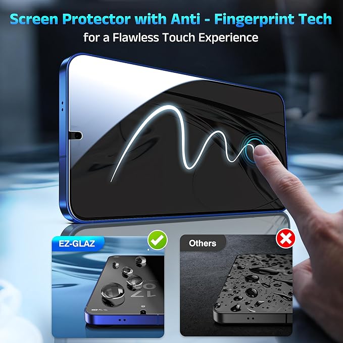 EZ-GLAZ-4 Pack for Galaxy S25/ S24 [6.2] Privacy Screen Protector 100% Fingerprint Unlock 9H+ Hardness Military Grade Shatterproof Long Durable Tempered Glass Film with Flawless Fit Box Scratch Re