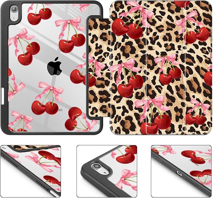 May Chen Slim Case for iPad mini 7 (A17 Pro 7th Generation) 2024 / iPad mini 6 (6th Gen) 8.3 Inch [Built-in Pencil Holder] Shockproof Cover Clear Clear Back Shell Auto Wake/Sleep Cherry &amp Cheet