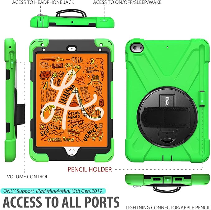 BRAECN iPad mini 5 CaseiPad mini 4 Case Heavy Duty Shockproof Protective Rugged Case with Pencil HolderHand StrapKickstand Shoulder Strap for iPad mini 5th/4th Generation 7.9 Inch for Kids