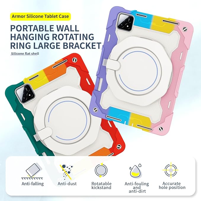 Tablet Silicone Case for Xiaomi Pad 6S Pro 12.4Shockproof Case with Pencil HolderShoulder StrapRotating Large Ring Hanging Kickstand for Kids