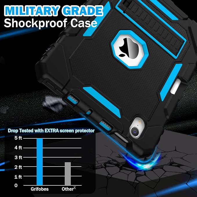 Grifobes Case for iPad mini 7 (A17 Pro) 2024 / Mini 6 2021 8.3 inch Heavy Duty Shockproof Rugged Cover with Pencil Holder Stand for I Pad Mini 7th/6th Gen 8.3 Case (Black+Blue)