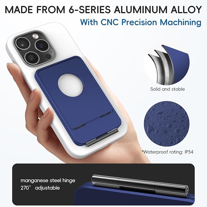 Cell Phone StandAdjustable Height and Angle Foldable Phone Holder for Desk Aluminum Cell Phone HolderStrong Magnetic Phone Stand Compatible with iPhone 16/15/14/13/12 Series (Navy Blue)