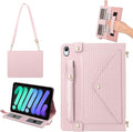 Handbag Case for iPad Mini 7 2024/Mini 6th Generation Case Techcircle Elegant Crossbody PU Leather Folio Envelope Pocket Stand Cover with Hand Strap+Shoulder Strap+Pencil Holder+Card Slots Baby Pink