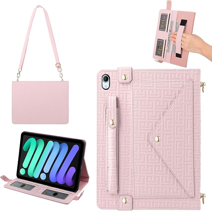 Handbag Case for iPad Mini 7 2024/Mini 6th Generation Case Techcircle Elegant Crossbody PU Leather Folio Envelope Pocket Stand Cover with Hand Strap+Shoulder Strap+Pencil Holder+Card Slots Baby Pink