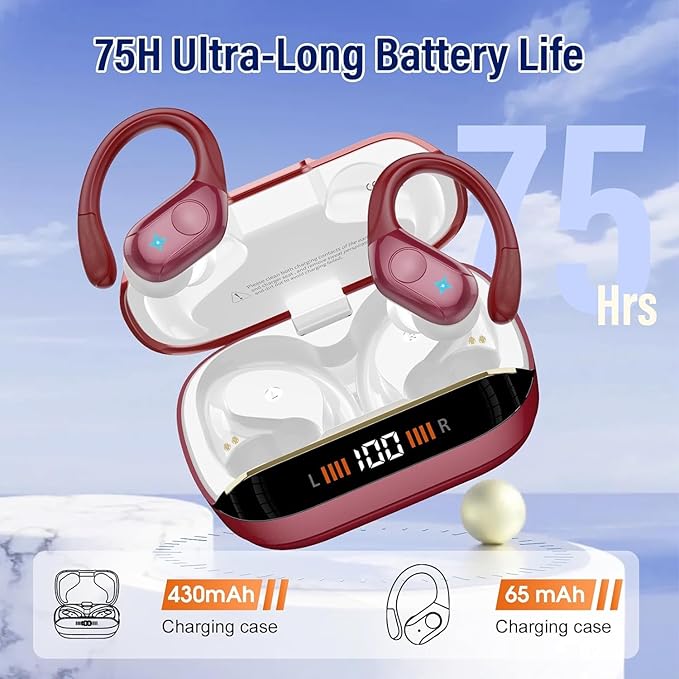 Wireless Earbuds Bluetooth 5.4 Headphones 75H Stereo Deep Bass Sports Over Ear Buds with Earhooks LED Display Bluetooth Earbuds with 4 ENC Mic IP7 Waterproof Earphone for Running Red