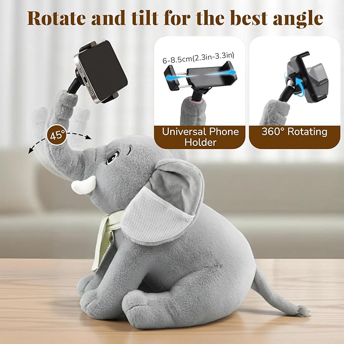 Phone Stand 360°Rotating Desk Phone Stand with 45°Adjustable Trunk Ear Pockets Glasses Cloth Scarf - Plush Phone Holder Back Fits Headphones Cell Phone Stand for desk Bed Sofa Car-Gray/Blue