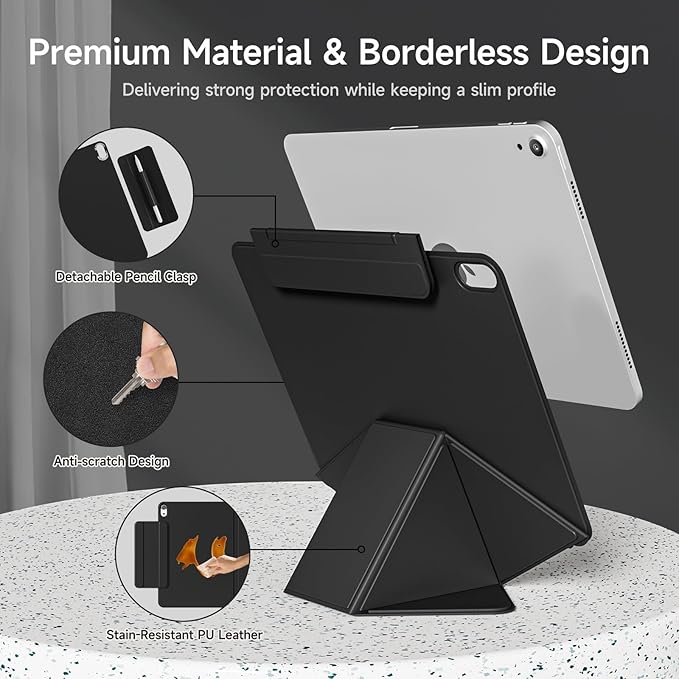 kenke Magnetic Case for iPad 11 Inch A16 2025/10th Generation 10.9 Inch 2022 with Detachable Clasp Slim Strong Magnetic Multi-fold Stand Cover with Pencil Holder Auto Wake/Sleep Black