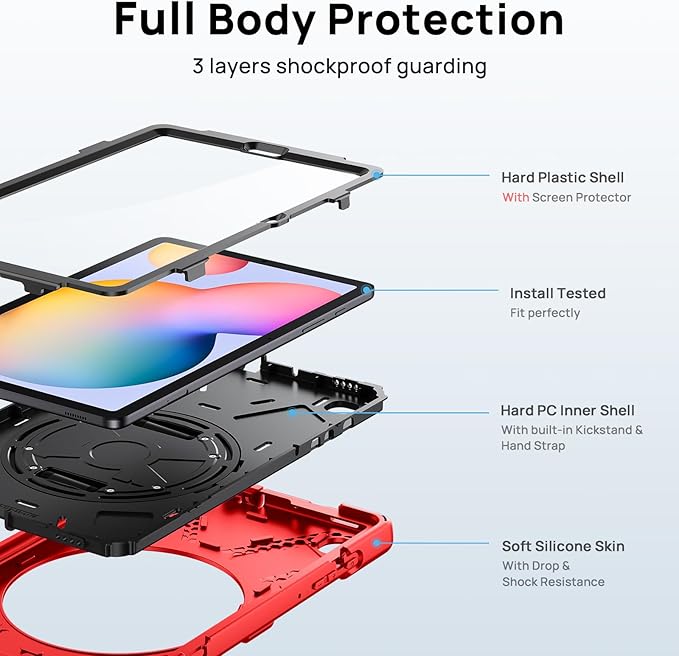 Gerutek Case for Samsung Galaxy Tab S6 Lite 10.4 2024/2022/ 2020 Full-Body Drop Protective Case with Screen Protector Pen Holder 360° Rotate Hand Strap &amp StandShoulder Strap Red